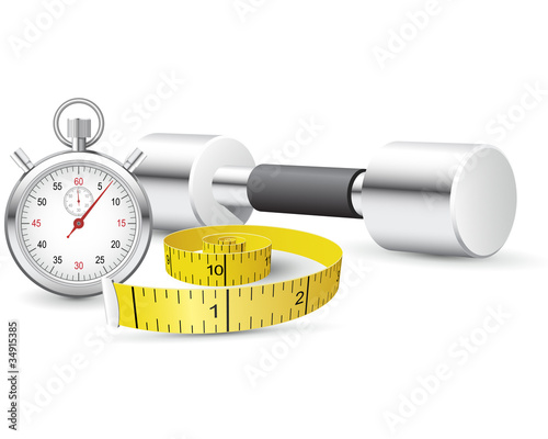 Vector: Stopwatch, measuring tape and dumbbells Stopwatch, measuring tape and dumbbells
