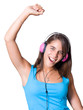 Cute young woman with headphones dancing on music