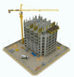 Worksite: top side view of unfinished building and crane Worksite: top side view of unfinished building and crane