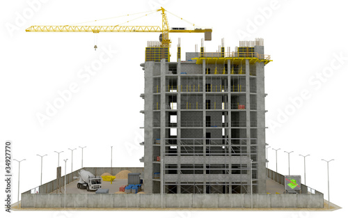 Photo: Construction site: incomplete skyscraper isolated Construction site: incomplete skyscraper isolated
