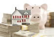 Small House and Piggy Bank with Stacks Money Small House and Piggy Bank with Stacks Money