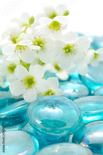 Photo: White Flowers on Blue Glass Stones White Flowers on Blue Glass Stones