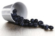 blaubeeren rollen aus umgekippter tasse mit gegenlicht
