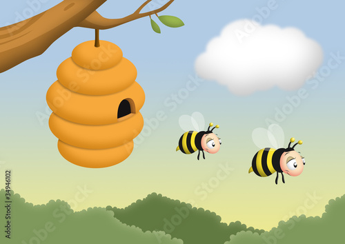 Illustration: Bee and Beehive Bee and Beehive