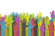 Colorful raised hands with clipping path