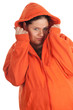 young fat woman in orange sweatshirt and hood