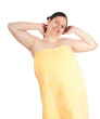 fat, overweight black hair woman in yellow towel, series..