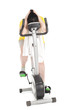 tired fat woman on stationary fitness bicycle, series