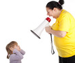 little girl and screaming fat mother with megaphone