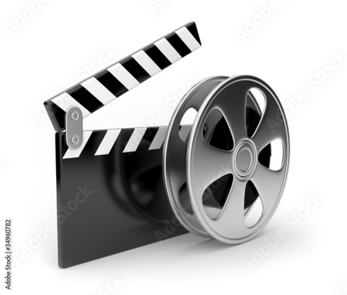 Illustration: Film and clap board movies symbol 3d. Isolated on white Film and clap board movies symbol 3d. Isolated on white