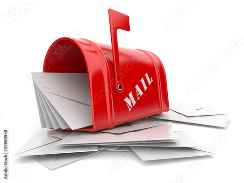 Illustration: Red mail box with heap of letters. 3D illustration isolated Red mail box with heap of letters. 3D illustration isolated