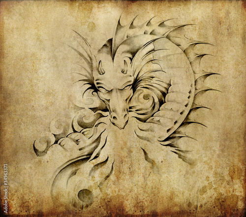 Tattoo art sketch of a dragon