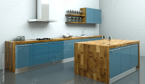 Illustration: Küchendesign - Küche blau mit Holz Küchendesign - Küche blau mit Holz