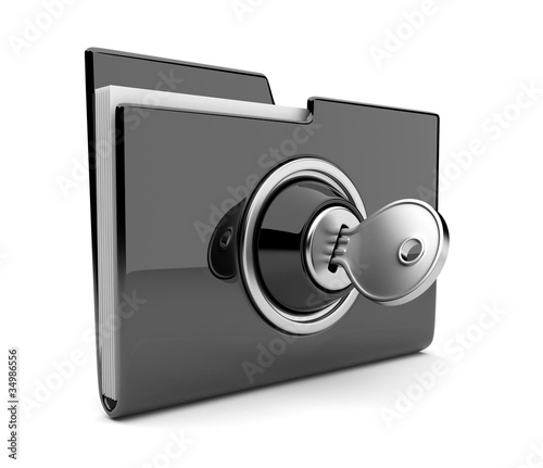 Illustration: Black folder and lock. Data security concept. 3D isolated Black folder and lock. Data security concept. 3D isolated