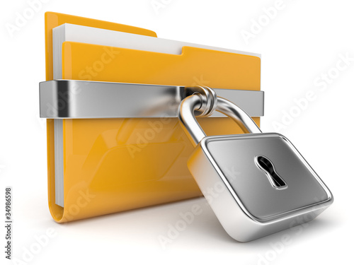 Illustration: Yellow folder and lock. Data security concept. 3D isolated Yellow folder and lock. Data security concept. 3D isolated