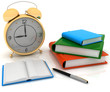 alarm clock near stack of books over white alarm clock near stack of books over white