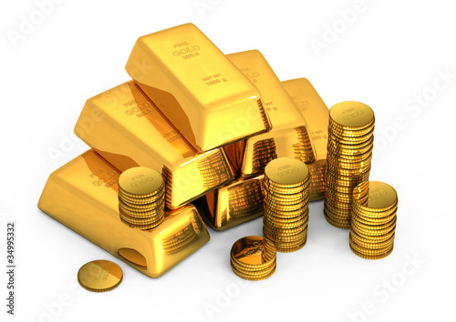 Illustration: 3d gold bars and coins 3d gold bars and coins
