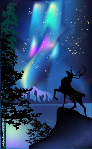 Vector: deer under aurora illustration deer under aurora illustration