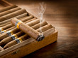 smoking cuban cigar over box on wood background smoking cuban cigar over box on wood background