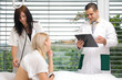 The nurse stethoscope listens to the patient