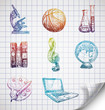 Hand-drawn school icons on lined sketchbook paper.