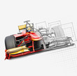 Unfinished drawing of red race car with driver