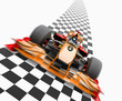 Orange race car driving on checkerboard road