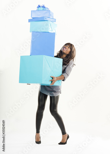 Photo: African American woman with birthday presents African American woman with birthday presents
