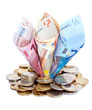 Billets d'euro poussant au milieu de pièces Billets d'euro poussant au milieu de pièces