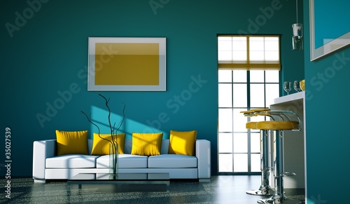 Illustration: Wohndesign - Sofa weiß mit gelben Kissen Wohndesign - Sofa weiß mit gelben Kissen