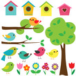 Set birds with birdhouses, trees and flowers. Set birds with birdhouses, trees and flowers.