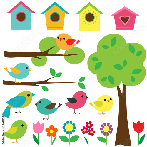 Vector: Set birds with birdhouses, trees and flowers. Set birds with birdhouses, trees and flowers.