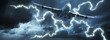 Jet cruising in a dark stormy sky. Panoramic image.
