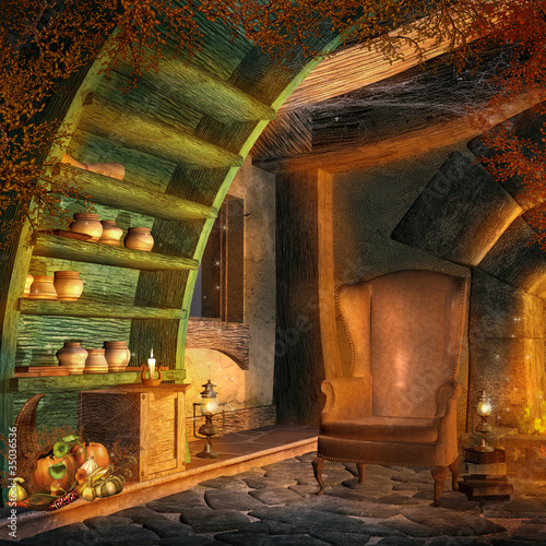 Illustration: Zaczarowany pokój z fotelem i magicznymi miksturami Zaczarowany pokój z fotelem i magicznymi miksturami