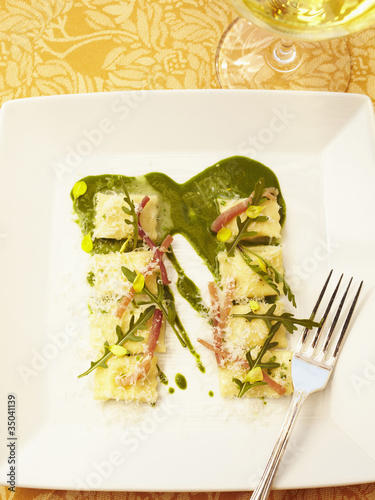 Photo: Close up of pesto ravioli Close up of pesto ravioli