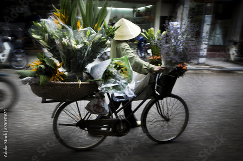 Photo: Vietnamese person carrying flowers on bicycle Vietnamese person carrying flowers on bicycle
