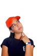 Photo : Latin teen hispanic pensive girl orange cap Latin teen hispanic pensive girl orange cap