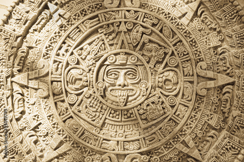 Photo: Close up of Aztec calendar stone carving Close up of Aztec calendar stone carving