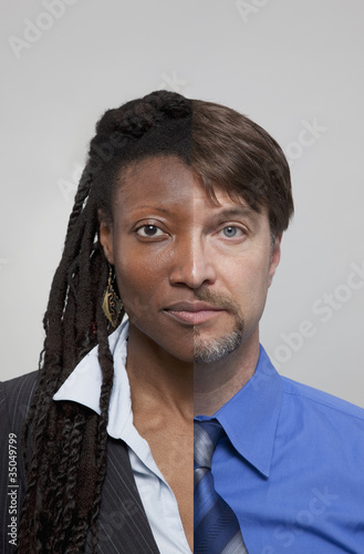 Photo: Split image of African American businesswoman and Caucasian businessman Split image of African American businesswoman and Caucasian businessman