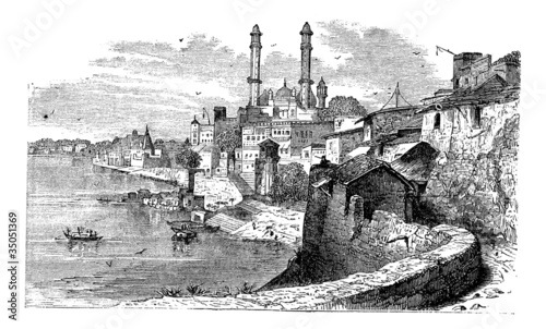 Vektor: Varanasi or Banares or Banaras, in Uttar Pradesh, India, vintage Varanasi or Banares or Banaras, in Uttar Pradesh, India, vintage