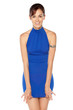 Female in blue dress playing with her dress hem
