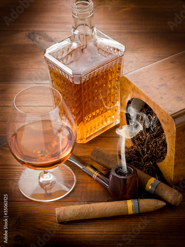 Photo: smoking pipe, tobacco, cuban cigar and liquor smoking pipe, tobacco, cuban cigar and liquor