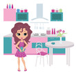 Cartoon girl on kitchen bears a teapot. vector