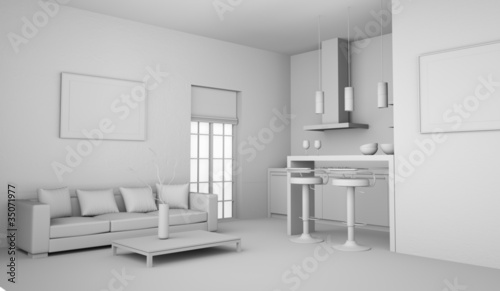 Illustration: Wohnmodell - Küche mit Sofa Wohnmodell - Küche mit Sofa