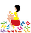 Young woman tries on shoes. vector