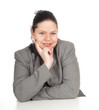 smiling overweight, fat businesswoman in grey suit, series