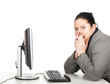 frightened fat businesswoman with computer, series