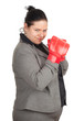 overweight, fat businesswoman in boxing gloves, series.