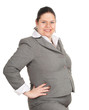 smiling overweight, fat businesswoman in grey suit, series