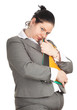smiling fat woman in grey suit  with note pads